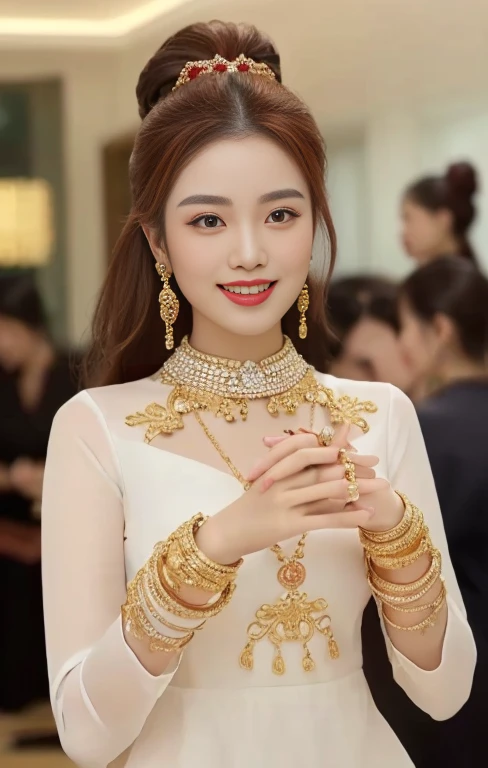 Close-up of woman wearing red dress and gold jewelry, traditional beauty, Wear gold jewelry, Vietnamese woman, gold and red, Niwan Chandra, Southeast Asia that has existed for a long time, traditional chinese, red and gold, Chinese woman, Southeast Asians with round faces, beautiful oriental woman, Sukhothai dress, asian woman