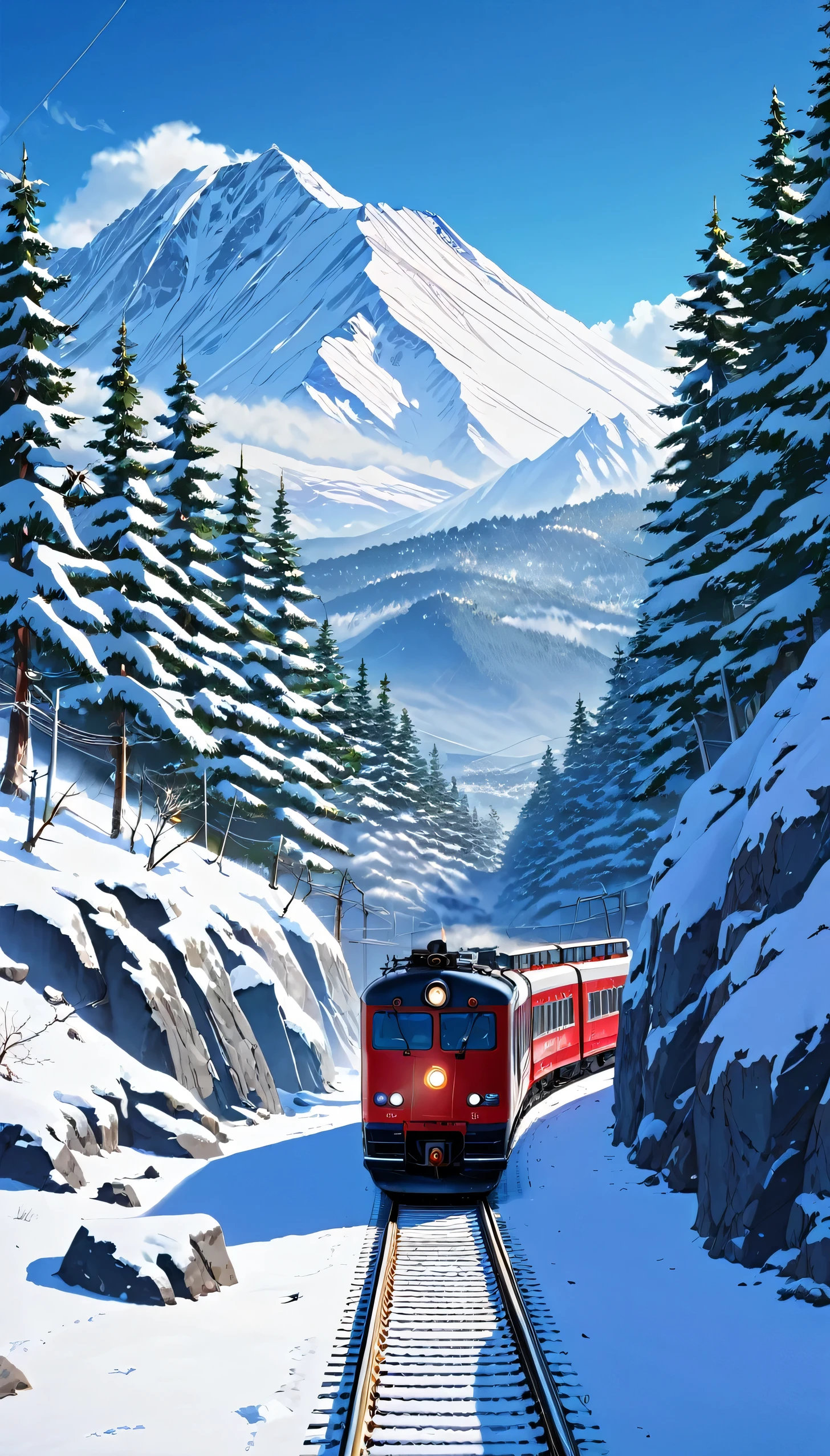 A picturesque winter scene showcasing a red train traveling through a snowy mountainous landscape. The train is moving along a track that curves gently through the snow, with the bright red color of the train contrasting beautifully against the pristine white snow. The background is dominated by towering snow-covered peaks under a partly cloudy sky. The train, consisting of several cars, is well-lit by the natural sunlight, highlighting its details and the snow-covered environment. Power lines run parallel to the train track, adding a touch of modernity to the otherwise natural and serene setting. The overall scene captures the tranquility and beauty of a winter journey through the mountains.anime nature wallpaper, beautiful anime scenes, beautiful anime peace scenes, Makoto Shinkai Cyril Roland, beautiful anime scenes, amazing wallpaper, anime art wallpaper 8k, anime background, art anime backgrounds, anime 4k wallpaper, anime art 4k wallpaper, anime art 4k wallpaper