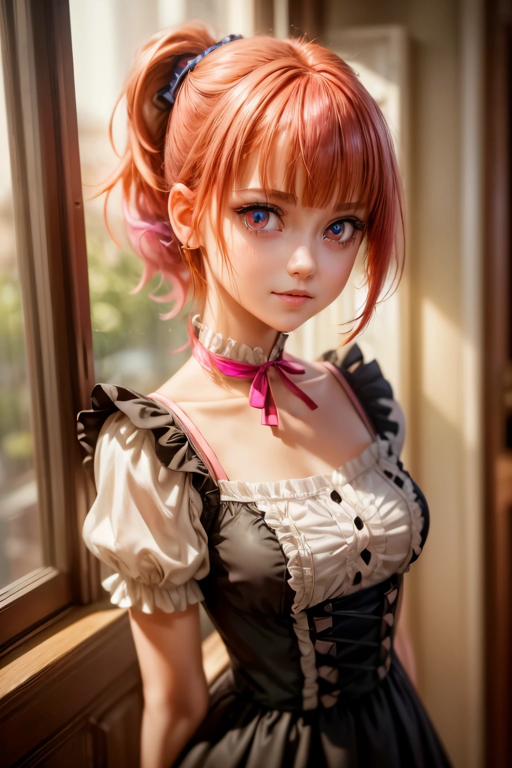 {{{{masterpiece}}}},{{{emaiti}}}, {{{Super detailed}}}, {{{high resolution}}}, {{good anatomy}}, (((best quality))),(((neon pink eyes))),{{Extremely detailed and refined}}, {4k CG wallpaper}, {{illustration}}, ((red hair)),((looking out a window,in school)),(((face portrait,detailed face,big big eyeballs,standing,bust,standing))),(((sideponytail:1.2|short hair|ponytail|Detailed hair|blunt bangs|shiny hair))),(((Gothic blonde outfit,dress frills,neck collar))),{{{happy,smile with teeth}}},(lesbian,1 woman:1),(small breasts),masterlighting,((The details are complex、Shallow depth of field、movie lighting、Reflectors、a Canon EOS R5、50mm lens、f / 2.8、shot at 8k resolution)),yandere girl,lesbian，Three View, Best anime 4k，short detailed hair,gary gradient background, Expressionless, Delicate
