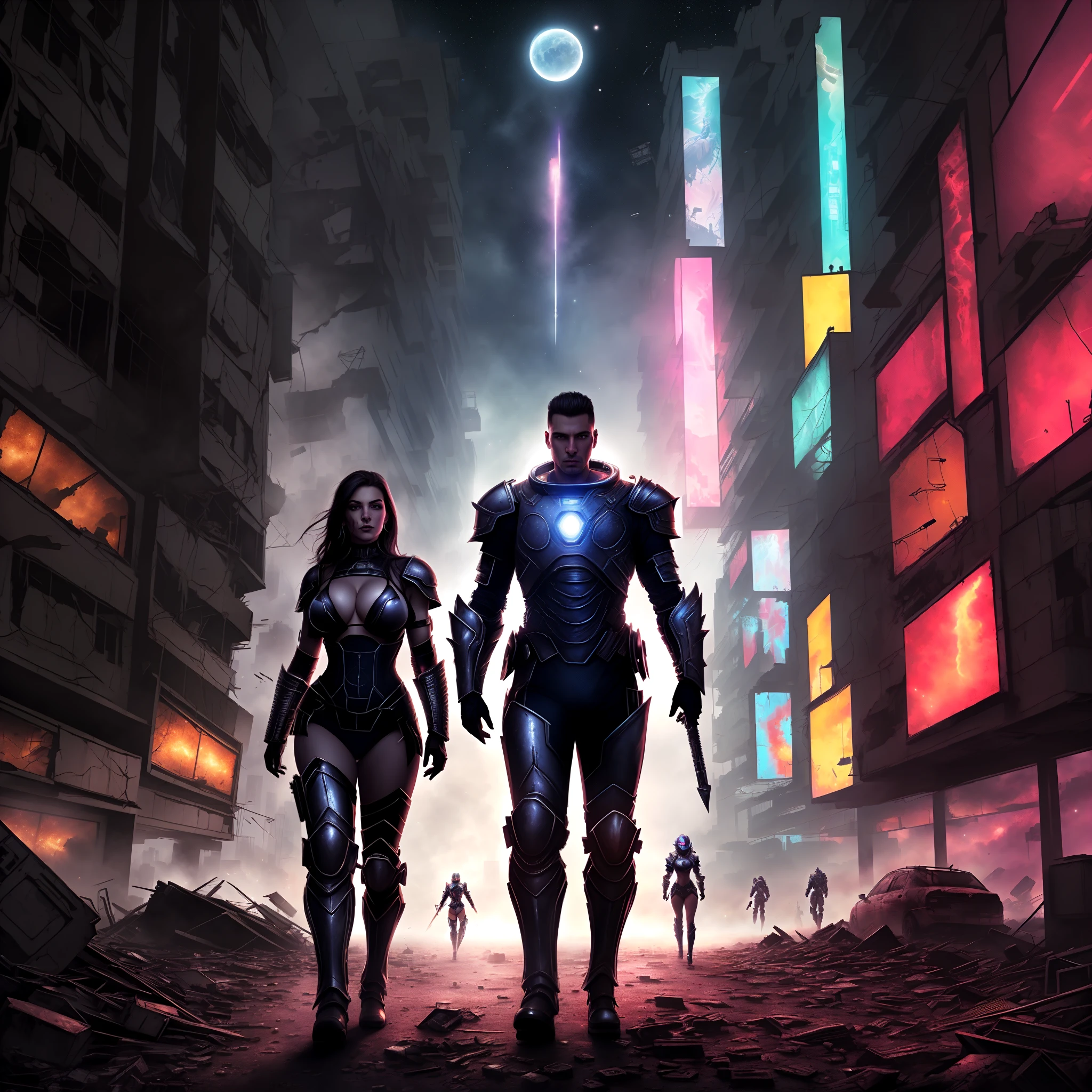 High resolution drawing of a warrior facing the camera, full body in Illuminated Space style armor with a muscular body, head to the right looking at an unclothed woman on her knees with huge breasts, walking in a destroyed Cyberpunk city, rays in the night sky.