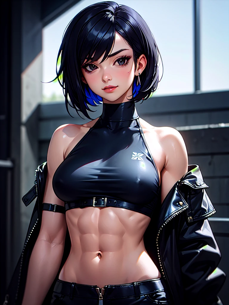 ((Portrait)), She has an Athletic Appearance, with Adult Charm, Fair Skin and a Muscular Build. She Expresses a Proud and Smug Look, Giving Off a Self-Confident Attitude. She has Black Eyes, Her Hair is Short and Tousled, Dark Blue Gradient, with Uneven Strands Falling Around Her Face. She Wears an Oversized, Open Black Bomber-style Leather Jacket, with a Black High-neck Crop Top, Revealing Her Midriff. ((Portrait, HDR, Dark Background))