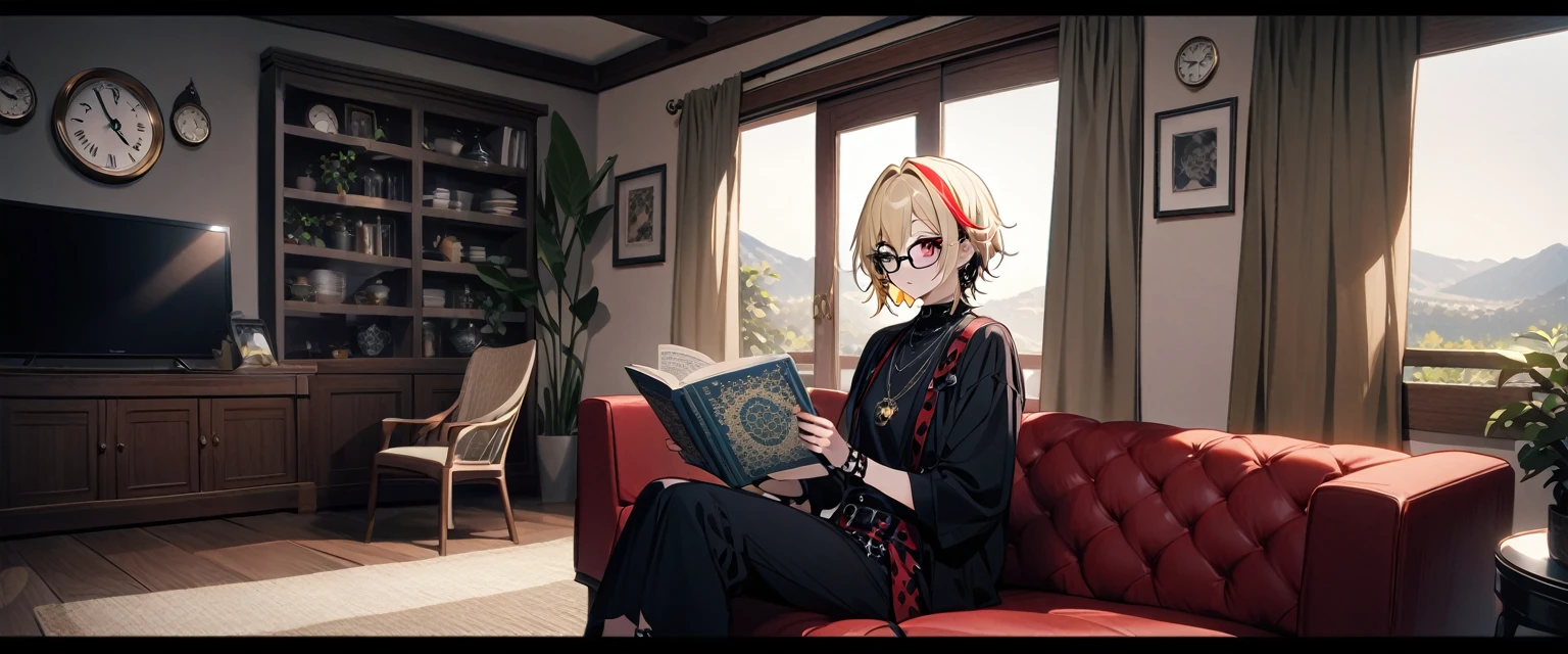 (((masterpiece,Highest quality))),(((スチームパンク風でVisual Keiの黒を基調とした衣装の短い髪のアニメの中性的な男性))),((Androgynous but male)),(((Visual Kei))),(((red and blonde streaked hair))),highlights hair,((Wears stylish, thick-framed glasses)),((Blue and red heterochromia)),((Clock and gear motif necklace,A brooch with a clock and gear motif)),Sitting and reading a book,(((Western-style living room))),Focus on the whole body,(high quality),アニメ