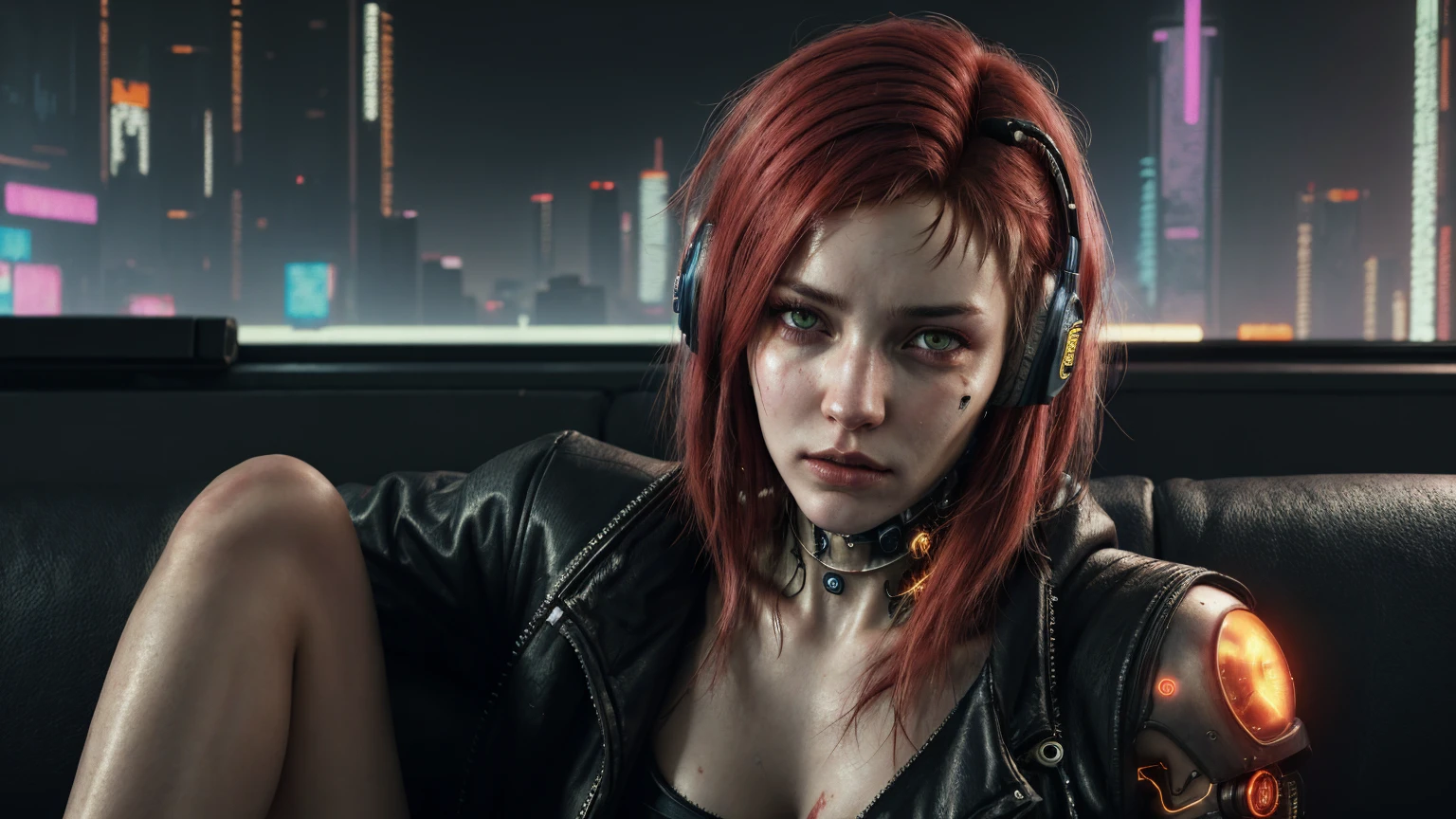 (((cyberpunk style))), wallpaper of a sensual warrior, Bill Henson, sitting on the couch listening to music, hyper-detailed face, blood red hair, golden eyes, super-detailed 3D, 8k resolution