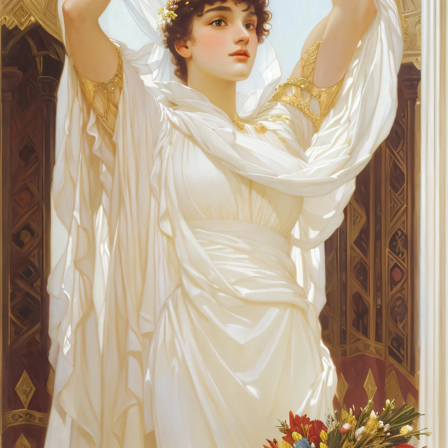arafed woman in a white dress holding a bouquet of flowers, ledmund leighton, by Frederick Lord Leighton, by Frederic Leighton, inspired by Frederick Lord Leighton, inspired by Frederic Leighton, inspired by Alexandre Cabanel, by Alexandre Cabanel, inspired by Albert Joseph Moore, portrait of teenage aphrodite, inspired by Jules Joseph Lefebvre