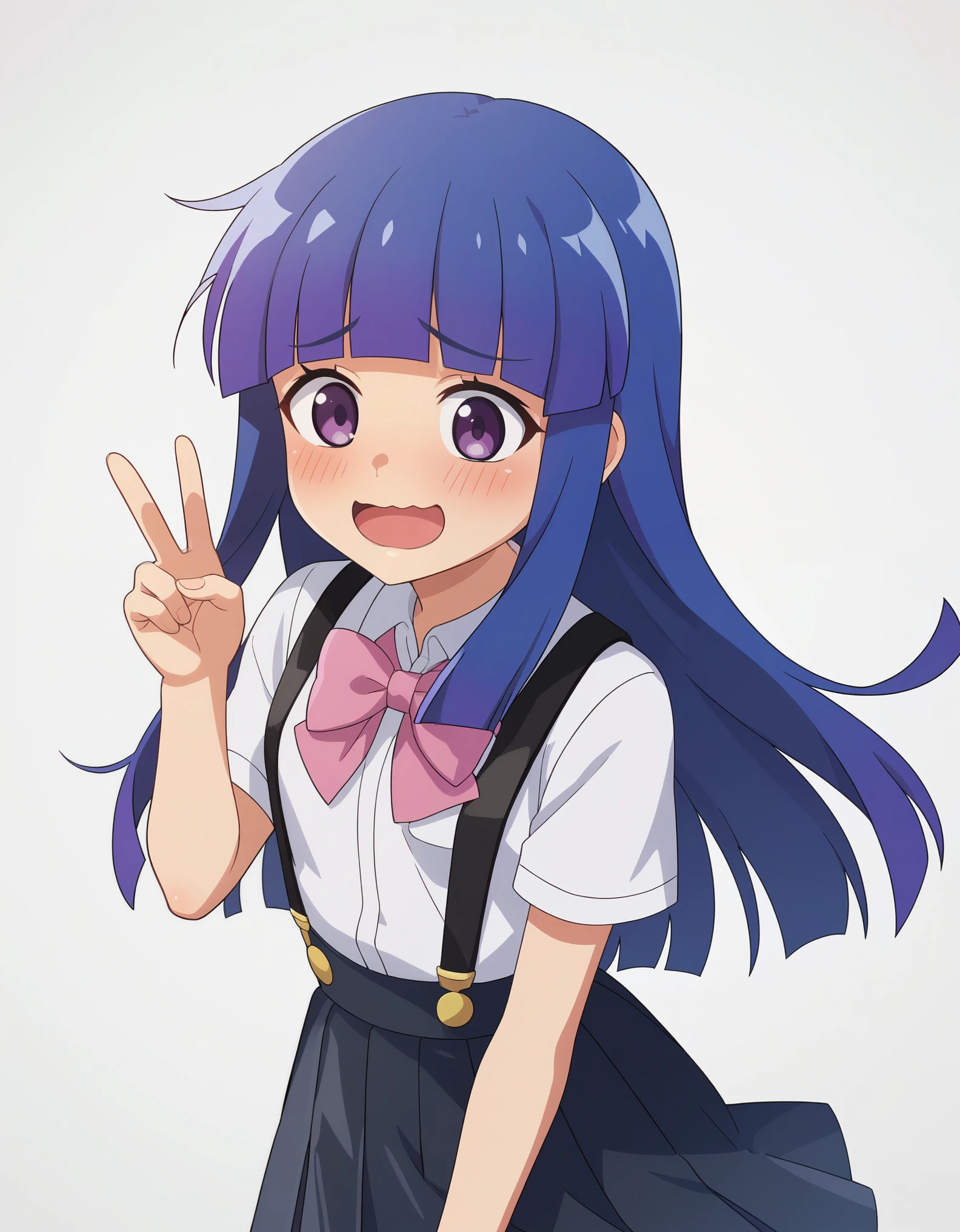 score_9, score_8_up, score_7_up, source_anime, anime_screencap, masterpiece, best_quality, uncensored, higurashimei, 
1girl, solo, furude rika, (teen:1.2), kawaii, blue hair, purple eyes, long hair, blunt bangs, bangs, simple background, white background, bow, skirt, shirt, suspenders, smile, short sleeves, pleated skirt, white shirt, open mouth, wavy_mouth, blush, embarrassed, pink bow, facing viewer, suspender skirt, , black skirt, collared shirt, blush, bowtie, blunt bangs, dress shirt, upper_body, V, from_above, 