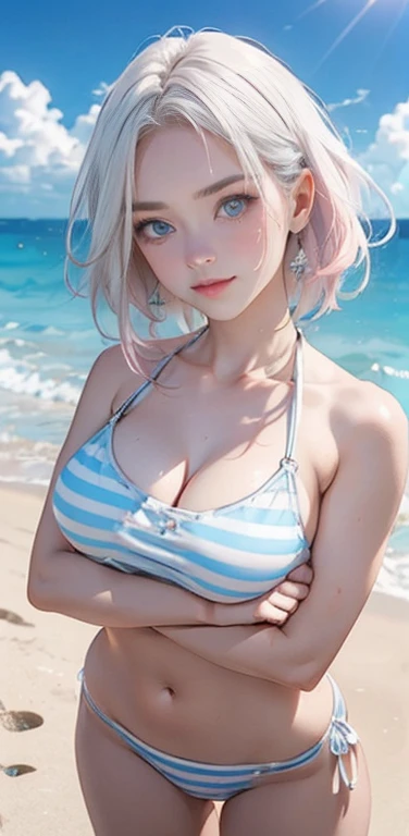 realisitic、1 girl、(glad ssmile:1.3),(cute face:1.5),(tareme:1.3),(white hair pink hair hair gradient hair:1.3,from sideways),(blue colored eyes)、(crossed arms)、(olhos gentis:1.3)、(stare),(shorth hair),( portraite:1.3,Facial Focus:1.3,cowboy shot),(white striped bikini:1.3)、(big breasts and ass),(summer beach:1.3)、(clip:1.5) (slim abdomen fitness)