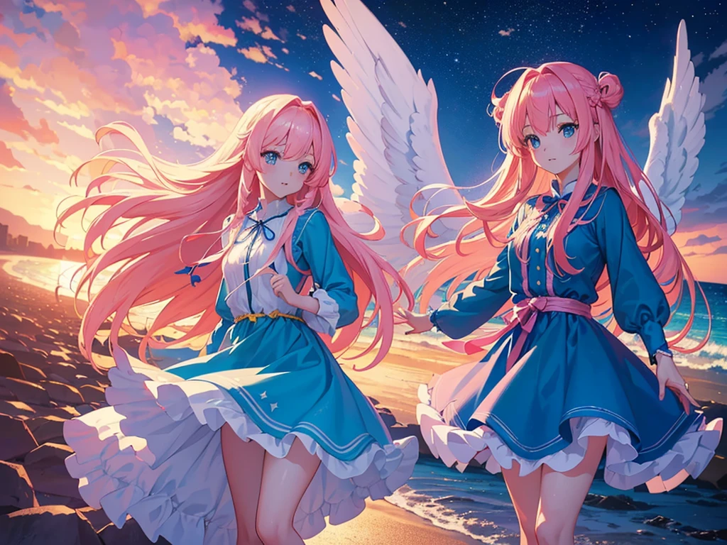 anime, Style, 1 pink long haired girl in a blue dress, long angel wings, floating on air, , on the beach in the night(best quality, 4k, 8k, high resolution, obra-prima: 1.2), ultra-detailed, (realista, fotorealista, foto-realista: 1.37) colorido com vibrantes cores, soft lighting