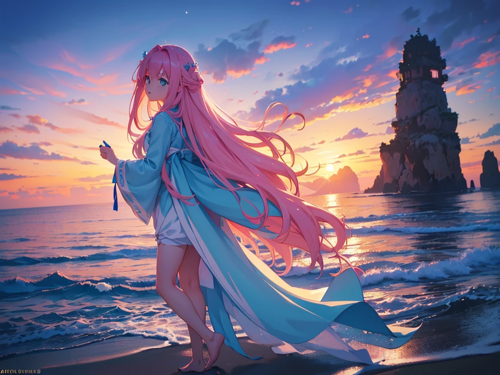 anime, Style, 1 pink long haired girl in a blue dress, long angel wings, floating on air, , on the beach in the night(best quality, 4k, 8k, high resolution, obra-prima: 1.2), ultra-detailed, (realista, fotorealista, foto-realista: 1.37) colorido com vibrantes cores, soft lighting