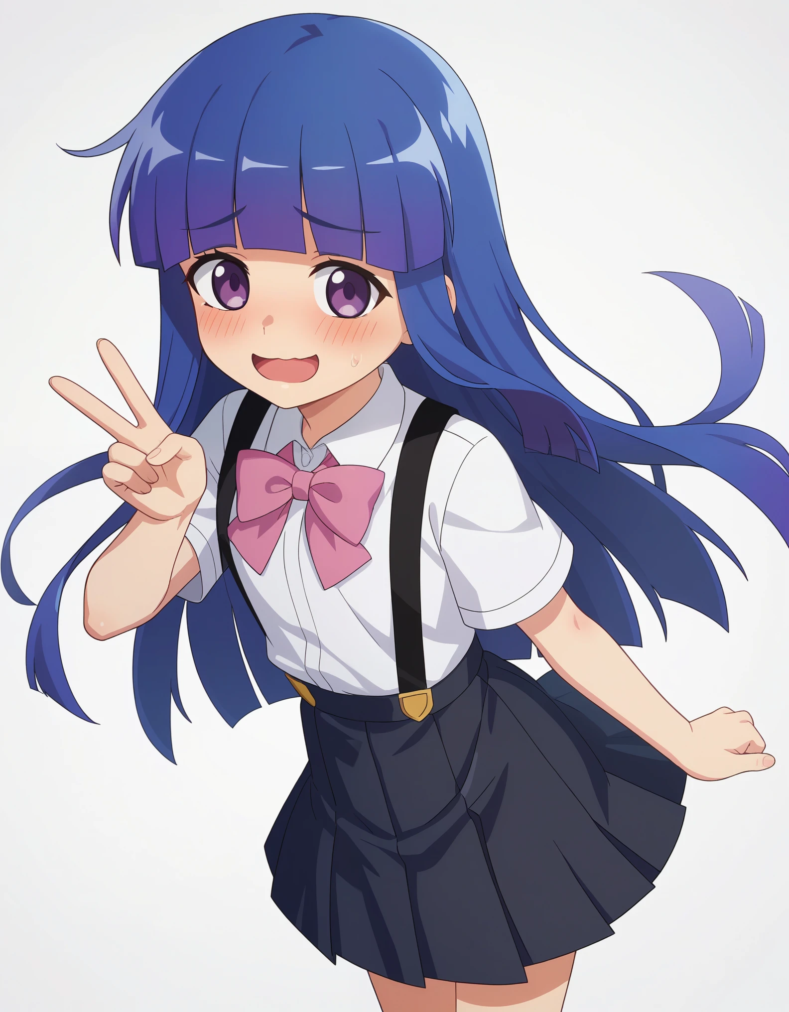 score_9, score_8_up, score_7_up, source_anime, anime_screencap, masterpiece, best_quality, uncensored, higurashimei, 
1girl, solo, furude rika, (teen:1.2), kawaii, blue hair, purple eyes, long hair, blunt bangs, bangs, simple background, white background, bow, skirt, shirt, suspenders, smile, short sleeves, pleated skirt, white shirt, open mouth, wavy_mouth, blush, embarrassed, pink bow, facing viewer, suspender skirt, , black skirt, collared shirt, blush, bowtie, blunt bangs, dress shirt, upper_body, V, from_above, 