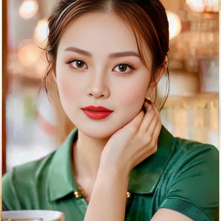Close-up of woman wearing red dress and gold jewelry, traditional beauty, Wear gold jewelry, Vietnamese woman, gold and red, Niwan Chandra, Southeast Asia that has existed for a long time, traditional chinese, red and gold, Chinese woman, Southeast Asians with round faces, beautiful oriental woman, Sukhothai dress, asian woman