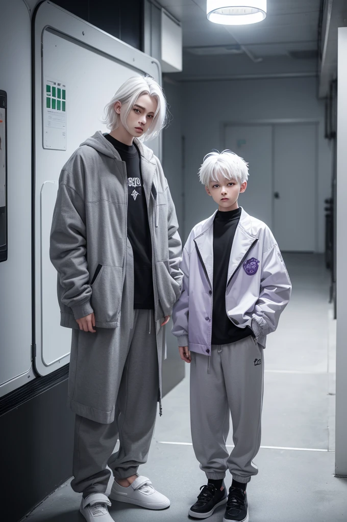 boy, white, white hair, he is wearing a gray a little purple jacket, black slippers,black comfortable cotton pants ,black eyes with green in the middle, the hair is medium and not that long,i have big a red halo above his head he look 14 years old,his height 5'5*