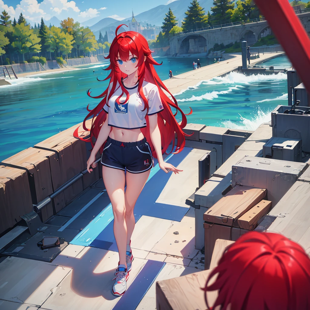 ((best quality)), ((masterpiece)), (detailed), perfect face, perfect budy, 1girl,solo, red hair, long hair, blue eyes, ahoge,track and field,crop top,(navel:1.1),abs,running shoes,mini shorts
