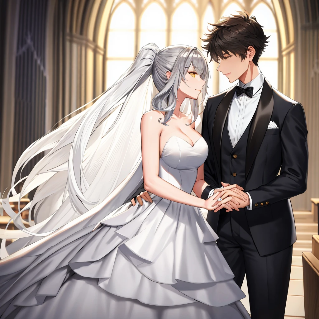 masterpiece, Best quality, masterpiece, Best quality, masterpiece, Best quality, masterpiece, Best quality, high quality, High detail, Ultra detail, HD, 4k, 4280x2240, depth field, (HDR:1.9), Correct anatomy, a masculine boy with short hair black hair abundant brown eyes with full wedding suit from groom to gentleman's suit and Palto flu pants and a girl with very long hair messy hair curly hair wavy hair (((silver hair))) high ponytail with yellow eyes in wedding dress, Dream wedding dress. love. Hand in hand looking at the New Year's sunset sunrise while kissing at church wedding with wedding rings on boy finger and wedding rings on girl finger and smiles, detail, ultra-detail, correct_position, correct_texture, correct_colors, correct_shading, correct_cgi, correct_body, correct_anatomy, correct_proportion, (correct_complete_body)