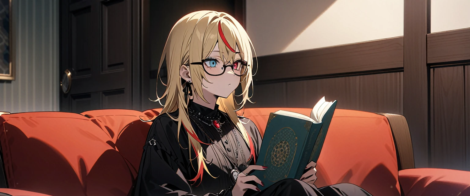 (((masterpiece,Highest quality))),(((スチームパンク風でVisual Keiの黒を基調とした衣装の短い髪のアニメの中性的な男性))),((Androgynous but male)),(((Visual Kei))),(((red and blonde streaked hair))),highlights hair,((Wears stylish, thick-framed glasses)),((Blue and red heterochromia)),((Clock and gear motif necklace,A brooch with a clock and gear motif)),Sitting and reading a book,(((Western-style living room))),Focus on the whole body,(high quality),アニメ