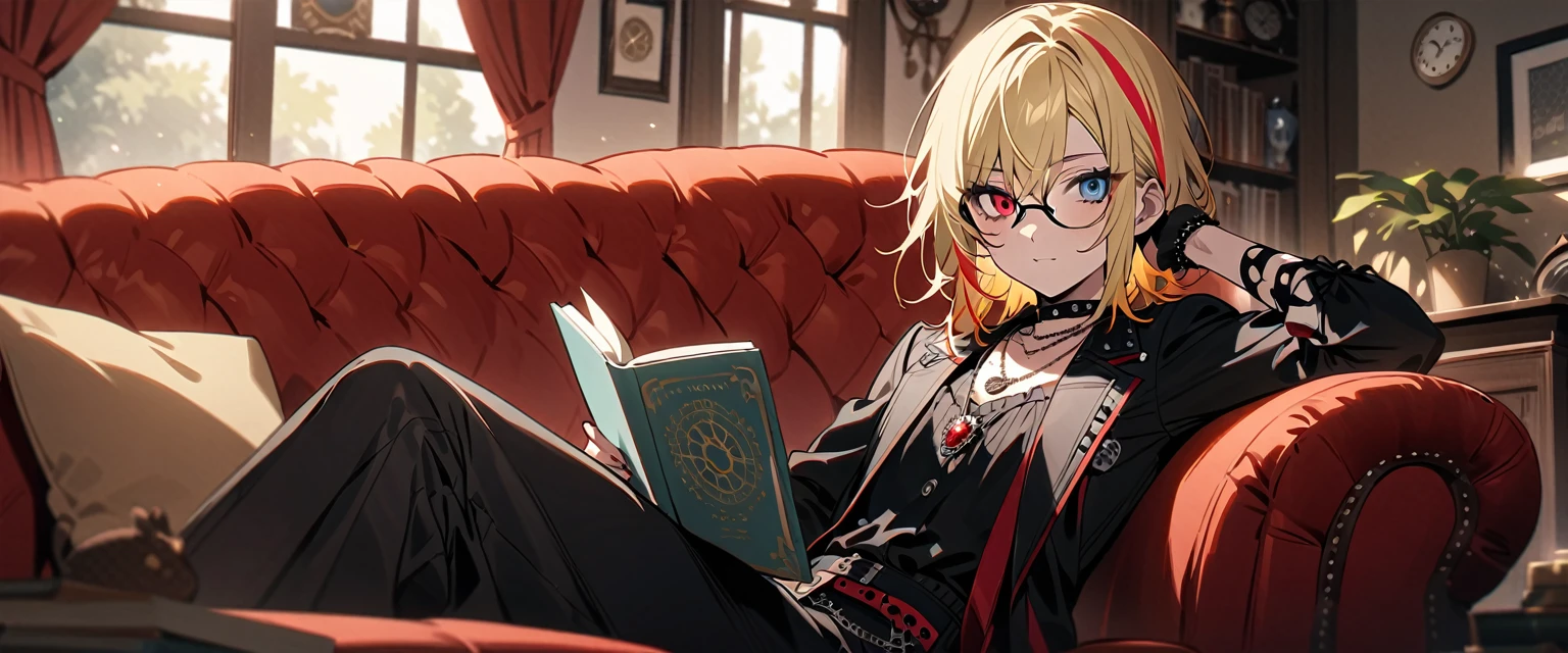 (((masterpiece,Highest quality))),(((スチームパンク風でVisual Keiの黒を基調とした衣装の短い髪のアニメの中性的な男性))),((Androgynous but male)),(((Visual Kei))),(((red and blonde streaked hair))),highlights hair,((Wears stylish, thick-framed glasses)),((Blue and red heterochromia)),((Clock and gear motif necklace,A brooch with a clock and gear motif)),Sitting and reading a book,(((Western-style living room))),Focus on the whole body,(high quality),アニメ
