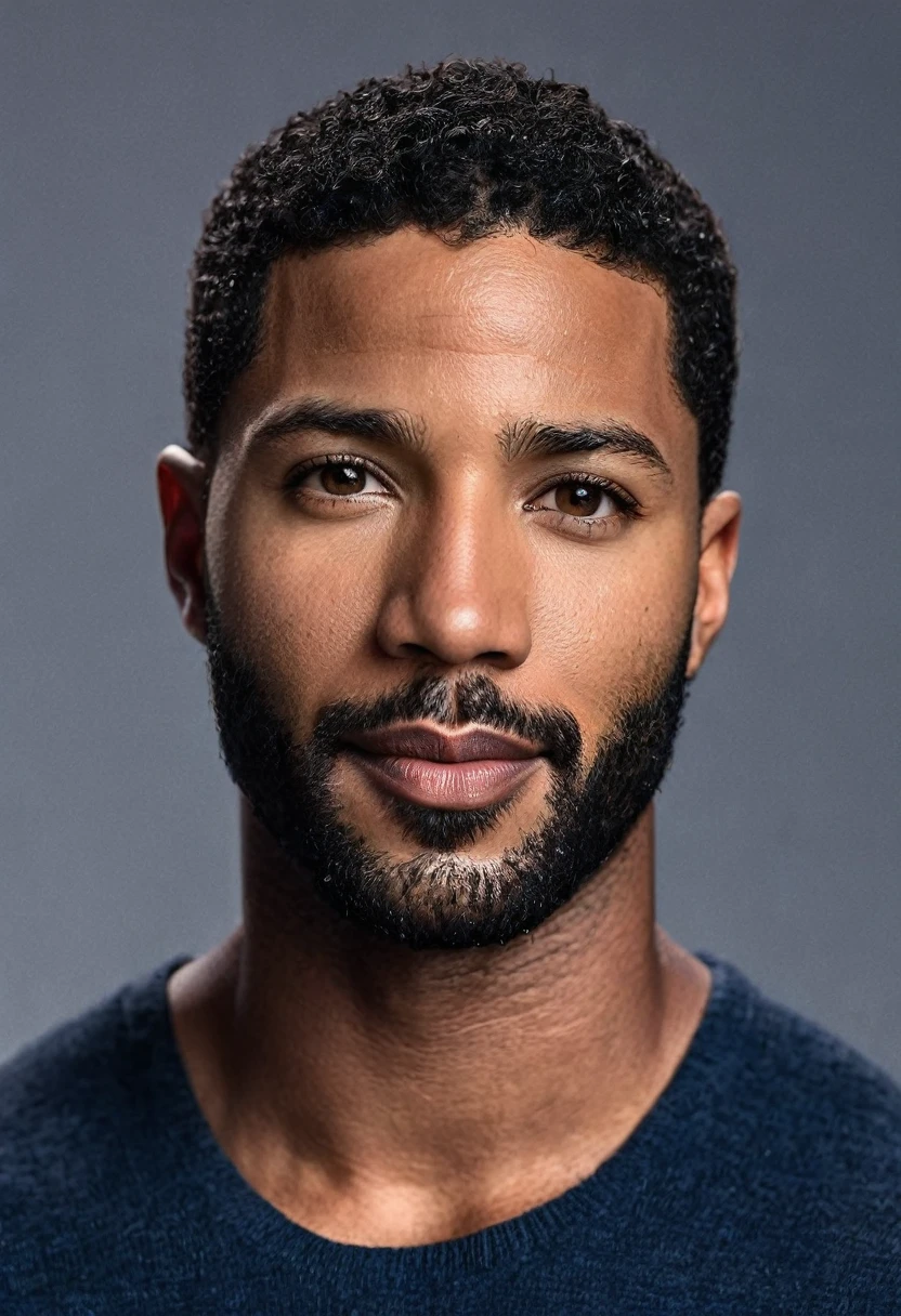 Waist-up shot of a handsome and clean-shaven African American male whose face combines features of Tom Ellis + Michael B. Jordan. Symmetrical eyes. Symmetrical face. Photorealistic. Full-colored photo. Professional photo. Highly detailed 8K.