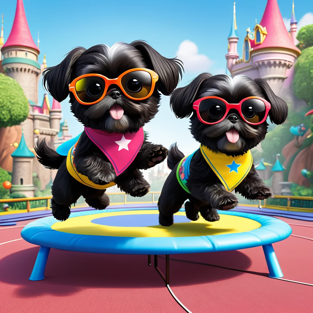 2 Adorable small black Shih Tzu puppies wearing bright bandannas and sunglasses jumping on trampoline Disney background 3d cartoon 3d render disney pixar style