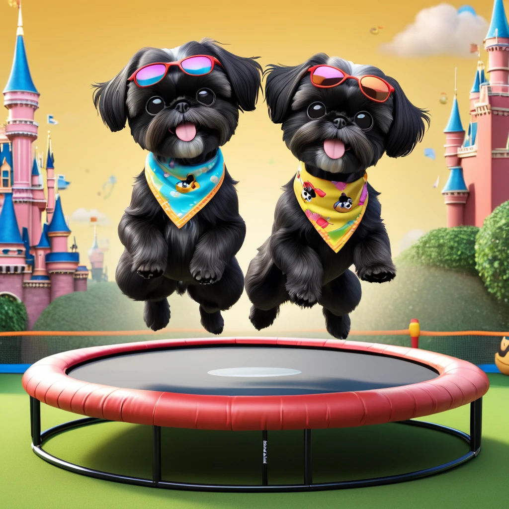 2 Adorable small black Shih Tzu puppies wearing bright bandannas and sunglasses swimming with dolphins Disney background 3d cartoon 3d render disney pixar style