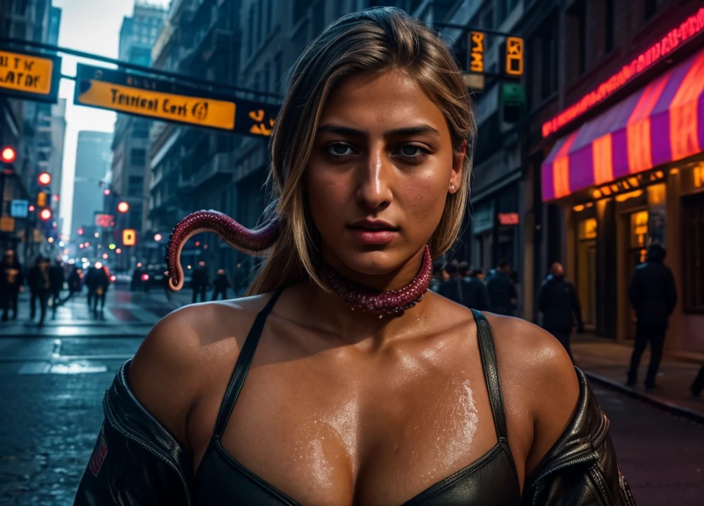 A beautiful woman (Rhea Ripley) with attractive features, detailed eyes, and full lips, being sexually assaulted by a tentacle monster in broad daylight on a city street, the monster penetrating her from multiple orifices as it releases its viscous fluids all over her body, masterpiece, 4k, hyperrealistic, dark fantasy, highly detailed, dramatic lighting, cinematic composition, intense colors