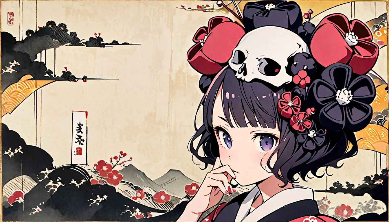 Cover your entire face with a skull mask, Highest quality, Katsushika Hokusai, Ink Painting, Delicate and precise, Modern ukiyo-e style,