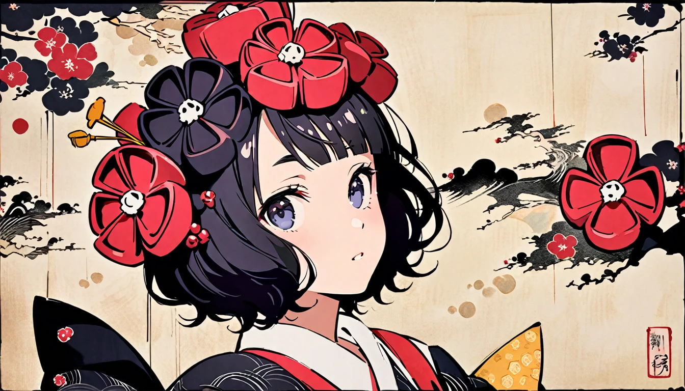 Cover your entire face with a skull mask, Highest quality, Katsushika Hokusai, Ink Painting, Delicate and precise, Modern ukiyo-e style,