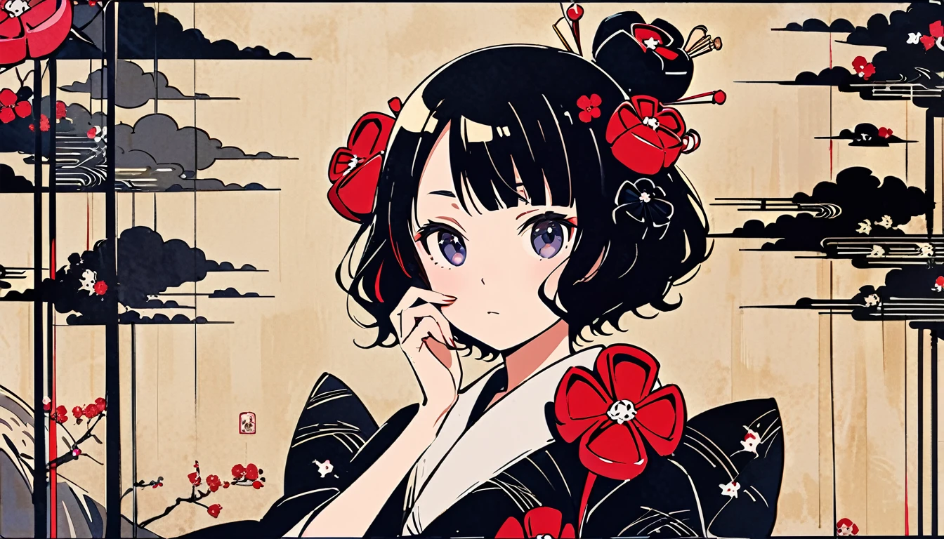Cover your entire face with a skull mask, Highest quality, Katsushika Hokusai, Ink Painting, Delicate and precise, Modern ukiyo-e style,