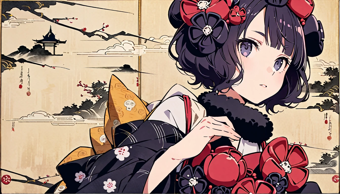 Cover your entire face with a skull mask, Highest quality, Katsushika Hokusai, Ink Painting, Delicate and precise, Modern ukiyo-e style,