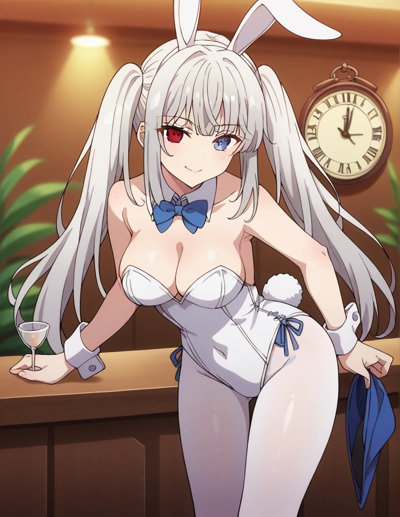 1girl, solo, long hair, big breasts, looking at viewer, smile, bangs, clock blue eyes, red eyes, dancing, removing clothes, brassiere, bow, animal ears, cleavage, bare shoulders, twintails, medium breasts, very long hair, closed mouth, tail, white hair, pantyhose, sidelocks, indoors, bowtie, rabbit ears, blurry, leotard, cup, wrist cuffs, bare arms, strapless, covered navel, leaning forward, detached collar, fake animal ears, heterochromia, blue bow, playboy bunny, rabbit tail, strapless leotard, white pantyhose, white leotard,