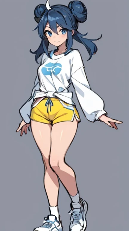Create an anime-style female Pokémon character. she has fair skin, blue eyes and her hair is dark brown and styled in two large buns on each side of her head.. She is dressed in a tight white t-shirt with light blue sleeves.., with emblem on the chest and yellow shorts. The character wears white sneakers and is standing. Your body is well developed, Your breasts are full, Her waist is slender, your hips are wide and your thighs are thick. Your hands and feet are small. She has a beautiful smile.