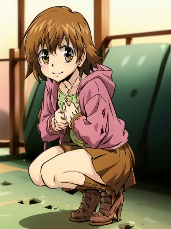 kyoko1, short hair, brown hair, Pink shirt, Red skirt, brown eyes, Masterpece, Full body, (masterpiece, best quality:1.2), Pink Shose,