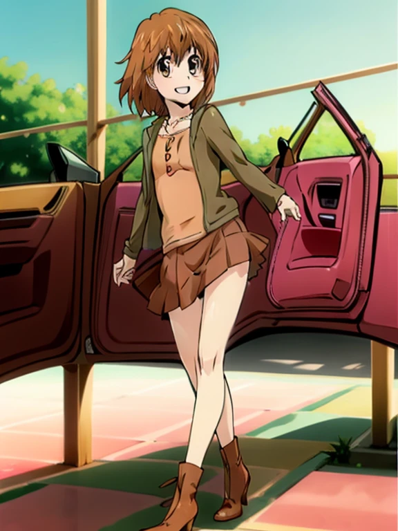 kyoko1, short hair, brown hair, Pink shirt, Red skirt, brown eyes, Masterpece, Full body, (masterpiece, best quality:1.2), Pink Shose,