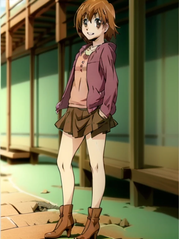 kyoko1, short hair, brown hair, Pink shirt, Red skirt, brown eyes, Masterpece, Full body, (masterpiece, best quality:1.2), Pink Shose,