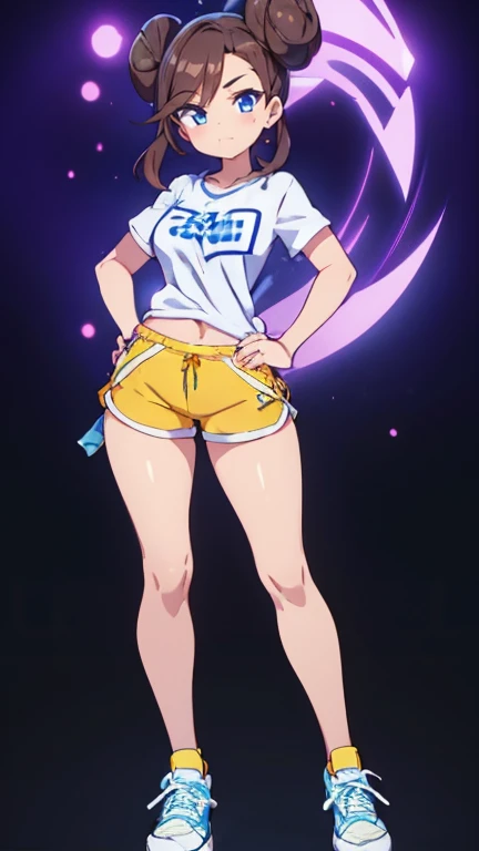 Create an anime-style female Pokémon character. she has fair skin, blue eyes and her hair is dark brown and styled in two large buns on each side of her head.. She is dressed in a tight white t-shirt with light blue sleeves.., with emblem on the chest and yellow shorts. The character wears white sneakers and is standing. Your body is well developed, Your breasts are full, Her waist is slender, your hips are wide and your thighs are thick. Your hands and feet are small. She has a beautiful smile.