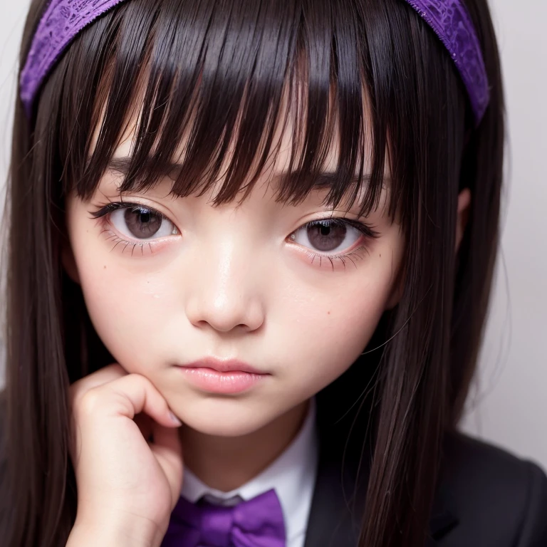 a masterpiece portrait of a beautiful young woman with a small face and a cute expression, wearing a purple headband, With closed eyes wearing a crow mask, wearing a black formal blazer and a short skirt, in an office setting, shot with a DSLR camera, high-quality 8k UHD image with realistic skin details, detailed facial features, rim lighting, lying on the bed