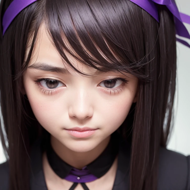 a masterpiece portrait of a beautiful young woman with a small face and a cute expression, wearing a purple headband, With closed eyes wearing a crow mask, wearing a black formal blazer and a short skirt, in an office setting, shot with a DSLR camera, high-quality 8k UHD image with realistic skin details, detailed facial features, rim lighting, lying on the bed