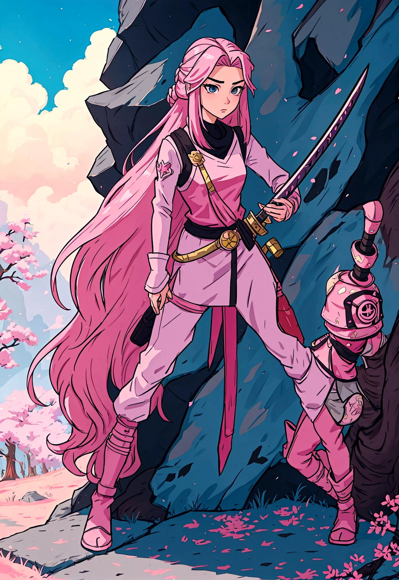 Fortnite and Ghibli style, girl with pink long hair, soilder, white clouthes, magic of beauty, full body, magic katana
