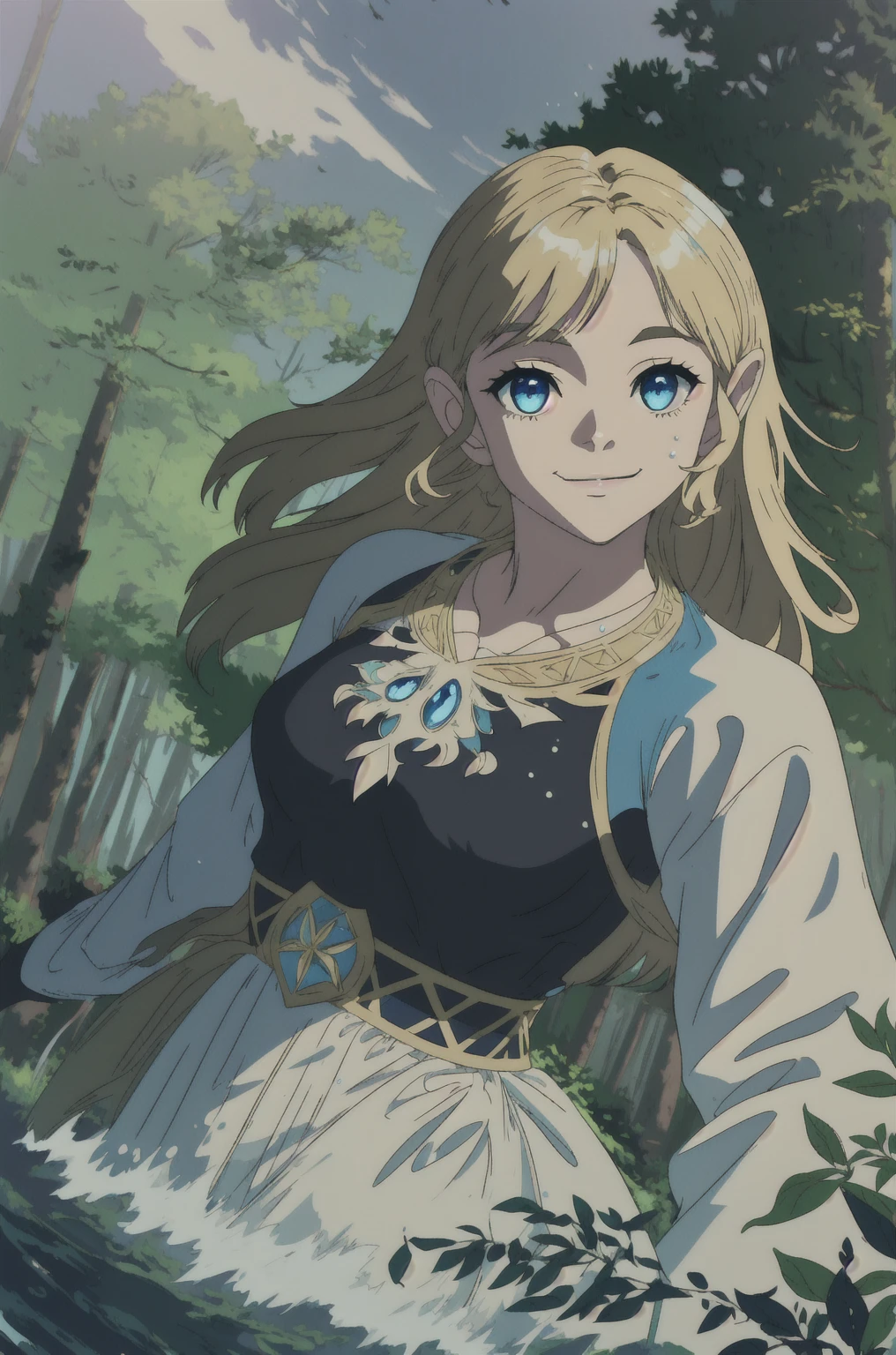 princess zelda, plain forest background, masterpiece, solo, best quality, beautiful eyes, blue_eyes, blonde_hair, smile, medium_breasts, bangs,  looking at viewer, smile, closed mouth, water drops, Ultra detailed fantasy environment, [mountains:forest:0.3], hyper realism, 8k, clearly worked out detail, intricate, cinematic,  masterpiece, 1girl,  