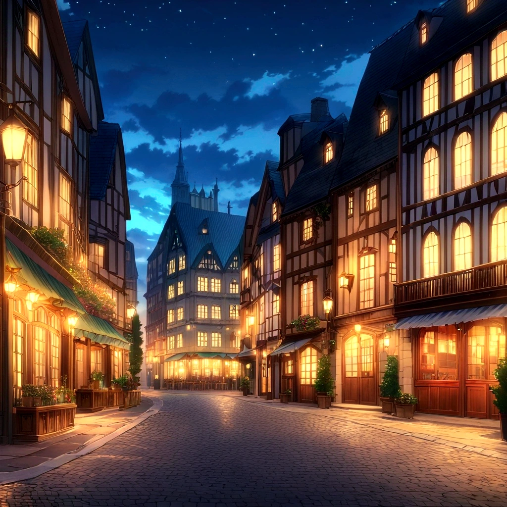 A captivating nighttime scene of a historic European square, featuring beautifully illuminated buildings with intricate facades and gabled roofs. The square is paved with cobblestones and includes outdoor seating areas with tables and umbrellas, hinting at bustling daytime activity. The buildings' facades display a mix of architectural styles, with detailed stonework, large windows, and decorative elements that create a rich and inviting atmosphere. The sky is a deep blue, adding to the tranquil yet vibrant ambiance of the scene. The overall image captures the charm and elegance of European architecture, bathed in the warm glow of streetlights and ambient lighting.anime nature wallpaper, beautiful anime scenes, beautiful anime peace scenes, Makoto Shinkai Cyril Roland, beautiful anime scenes, amazing wallpaper, anime art wallpaper 8k, anime background, art anime backgrounds, anime 4k wallpaper, anime art 4k wallpaper, anime art 4k wallpaper