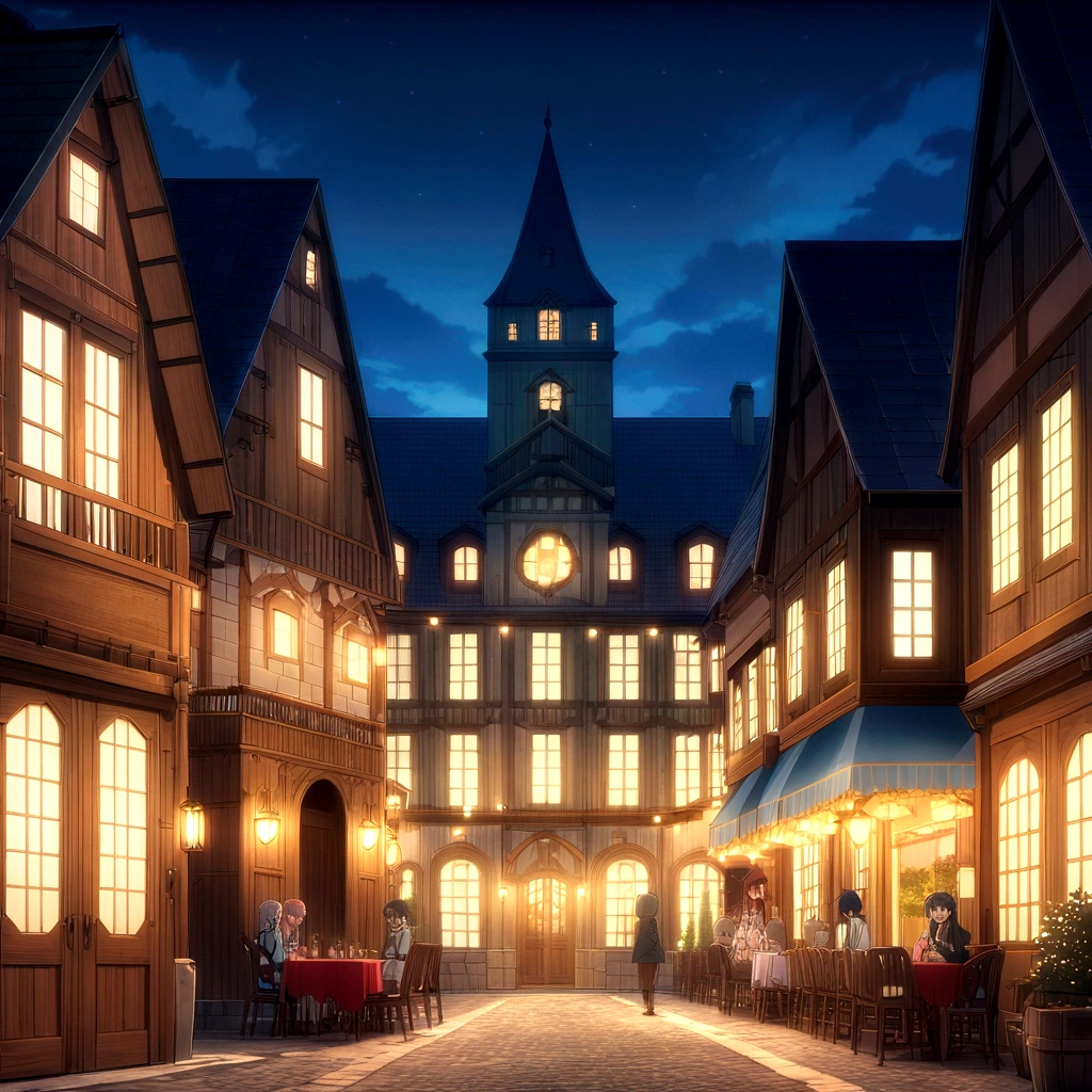 A captivating nighttime scene of a historic European square, featuring beautifully illuminated buildings with intricate facades and gabled roofs. The square is paved with cobblestones and includes outdoor seating areas with tables and umbrellas, hinting at bustling daytime activity. The buildings' facades display a mix of architectural styles, with detailed stonework, large windows, and decorative elements that create a rich and inviting atmosphere. The sky is a deep blue, adding to the tranquil yet vibrant ambiance of the scene. The overall image captures the charm and elegance of European architecture, bathed in the warm glow of streetlights and ambient lighting.anime nature wallpaper, beautiful anime scenes, beautiful anime peace scenes, Makoto Shinkai Cyril Roland, beautiful anime scenes, amazing wallpaper, anime art wallpaper 8k, anime background, art anime backgrounds, anime 4k wallpaper, anime art 4k wallpaper, anime art 4k wallpaper