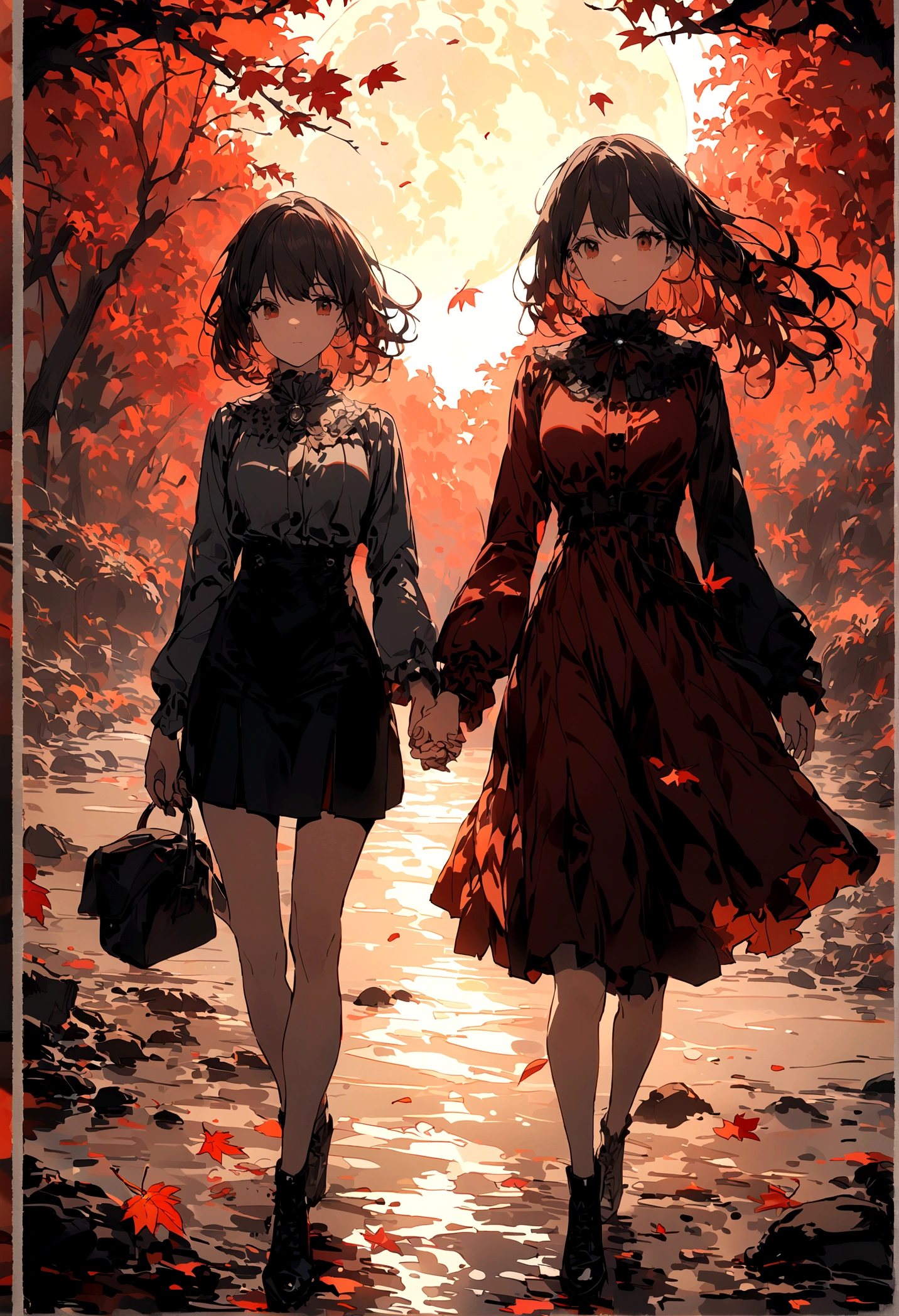 wallpaper,masterpiece,Best quality,Stills,Two women holding hands,Full Moon,Autumnal,seaside