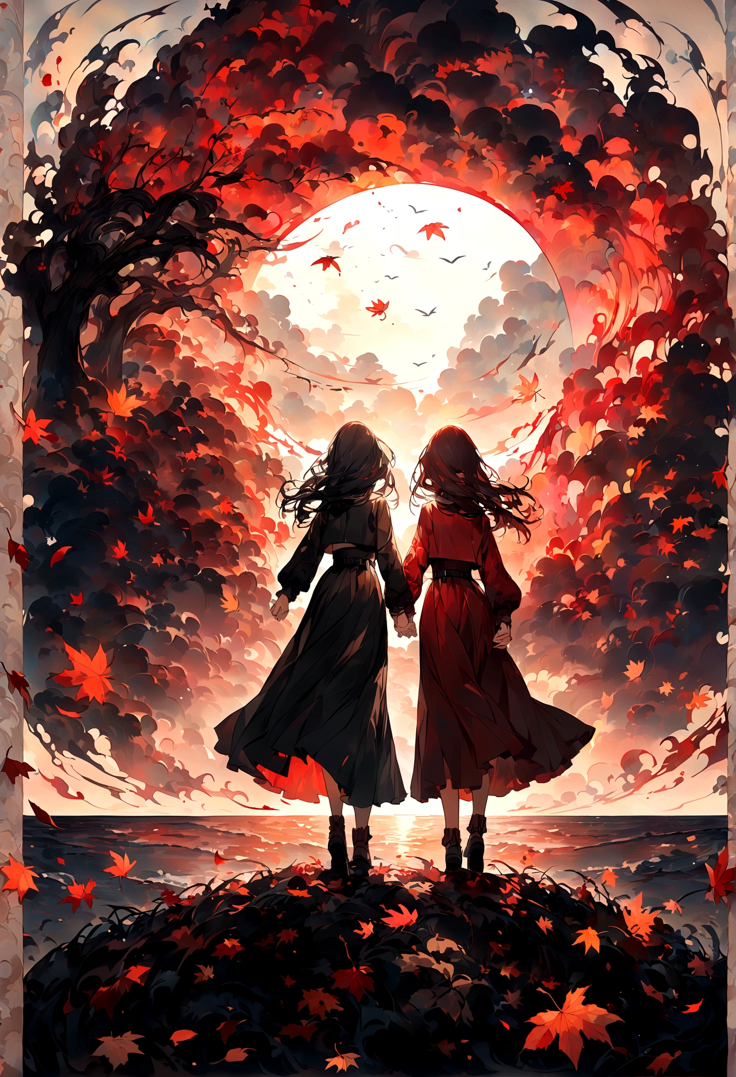 wallpaper,masterpiece,Best quality,Stills,Two women holding hands,Full Moon,Autumnal,seaside