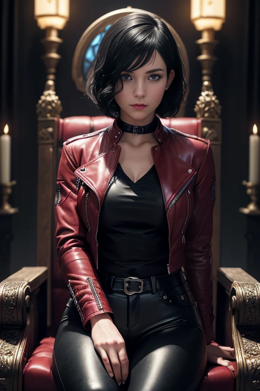 (One Person:1.6), (A Gorgeous 25-Year-Old British Female Vampire Mercenary), (Wavy Bobcut Black Hair:1.4), (Pale Skin:1.4), (Sapphire Blue Eyes), (Wearing Red Leather Jacket, Black V-Neck Inner Shirt, and Black Tight Pants:1.4), (Castle Altar at Night with Moonlight), (Sitting Elegantly on Throne Pose:1.4), Centered, (Full Body Shot:1.4), From Front Shot, Insane Details, Intricate Face Detail, Intricate Hand Details, Cinematic Shot and Lighting, Realistic and Vibrant Colors, Masterpiece, Sharp Focus, Ultra Detailed, Taken with DSLR camera, Realistic Photography, Depth of Field, Incredibly Realistic Environment and Scene, Master Composition and Cinematography