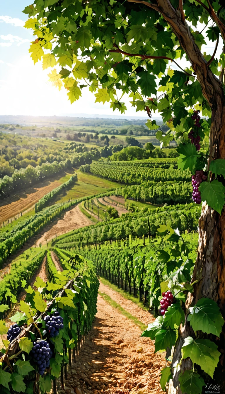vineyard, grapes, vines, leaves, foliage, branches, trunk, trellis, rows, nature, harvest, agriculture, winery, viticulture, fruit, green, purple, sunlight, landscape, growth