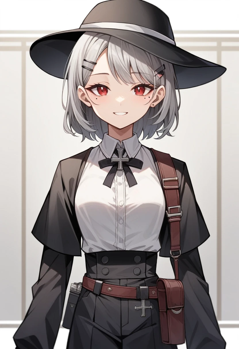 room,Idol Cross,masterpiece,Highest quality,Gray Hair, Red eyes,White shirt,(black formal hat),(Hair Clip:1.3),(Small Mouth Mole:1.3),smile,High resolution,4K,Black sleeves,whole body,Medium Straight Hair,Holster on waist,Age 25,Impression of an adult