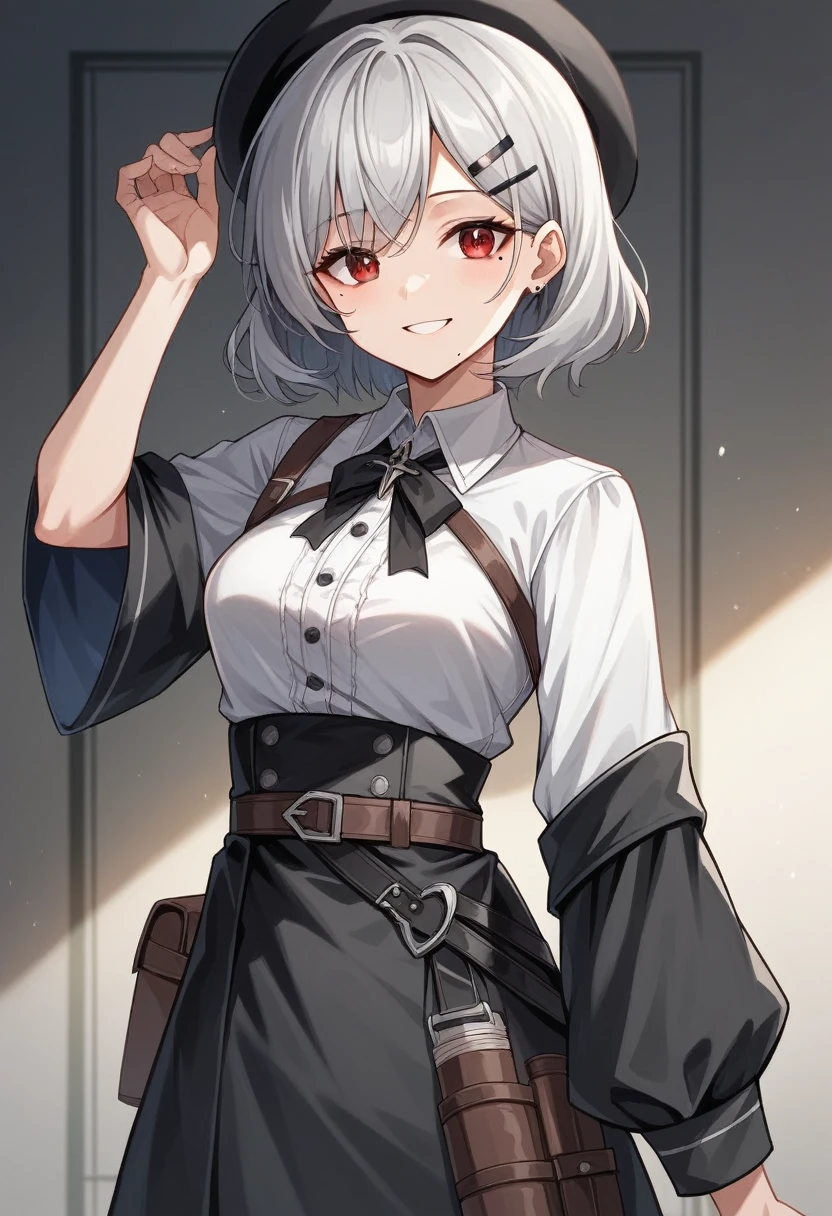 room,Idol Cross,masterpiece,Highest quality,Gray Hair, Red eyes,White shirt,(black formal hat),(Hair Clip:1.3),(Small Mouth Mole:1.3),smile,High resolution,4K,Black sleeves,whole body,Medium Straight Hair,Holster on waist,Age 25,Impression of an adult