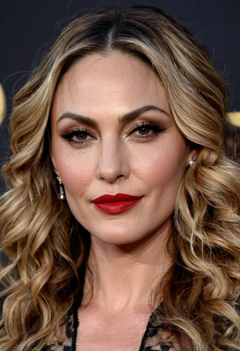 Waist-up shot of a beautiful female whose face combines features of Drea de Matteo + Morena Baccarin. The female has lovely makeup on her face. The female wears red lipstick. Symmetrical eyes. Symmetrical face. Lovely details. Photorealistic. Full-colored photo. Professional photo. Highly detailed 8K.