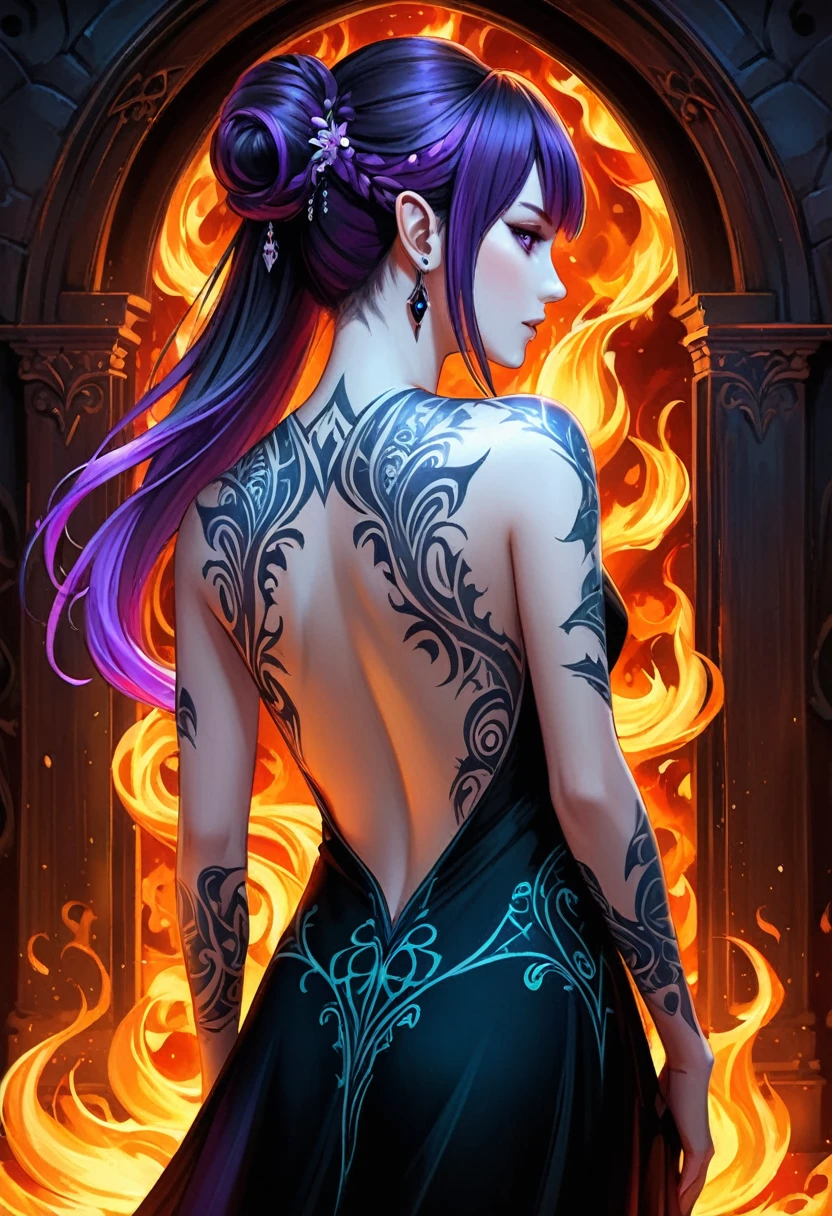Arafed, Dark fantasy art, fantasy art, goth art, a picture of a ((shark tattoo: 1.5)) on the back of a female elf, a glowing tattoo of a ((shark: 1.3)) on the elf's back, the ((shark tattoo)) is vivid, intricate detailed coming to life from the ink to real life, GlowingRunesAI_purple, ((fire surrounds the shark: 1.5)), shoot taken from the back, ((the back is visible: 1.3), she wears a transparent black dress, the dress is elegant, flowing, elven style, that the tattoos glow, dynamic hair color, dynamic hair style, faize,, Digital Painting