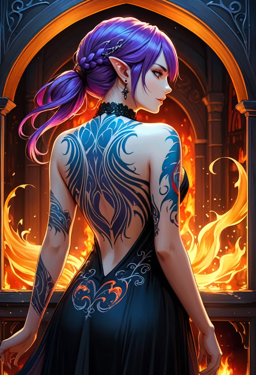  a picture of a ((shark tattoo: 1.5)) on the back of a female elf, Dark fantasy art, fantasy art, goth art,, a glowing tattoo of a ((shark: 1.3)) on the back of the elf, the ((shark tattoo)) is vivid, intricate detailed coming to life from the ink to real life, GlowingRunesAI_purple, ((fire surrounds the shark: 1.5)), shoot taken from the back, ((the back is visible: 1.3), she wears a transparent black dress, the dress is elegant, flowing, elven style, that the tattoos glow, dynamic hair color, dynamic hair style, faize,, Digital Painting