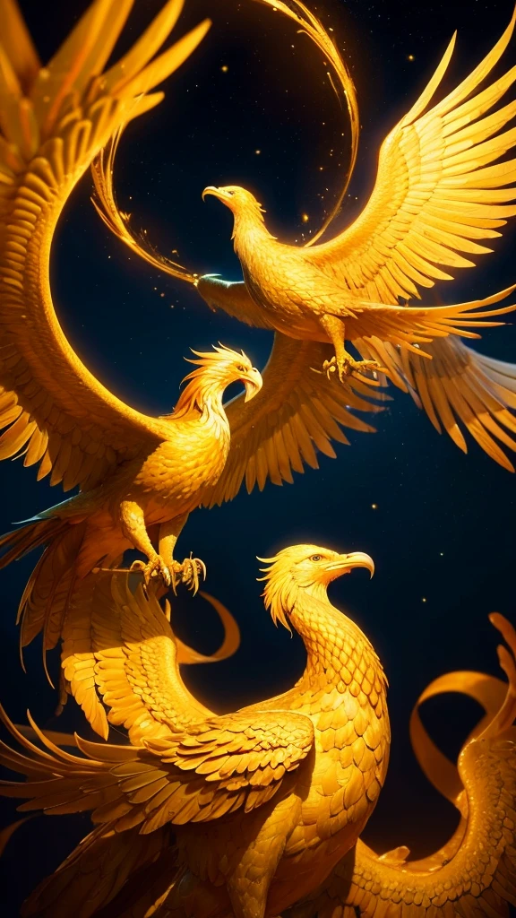 A golden phoenix is gazing at us, spreading its wings. The background is golden. Realistic and elegant.