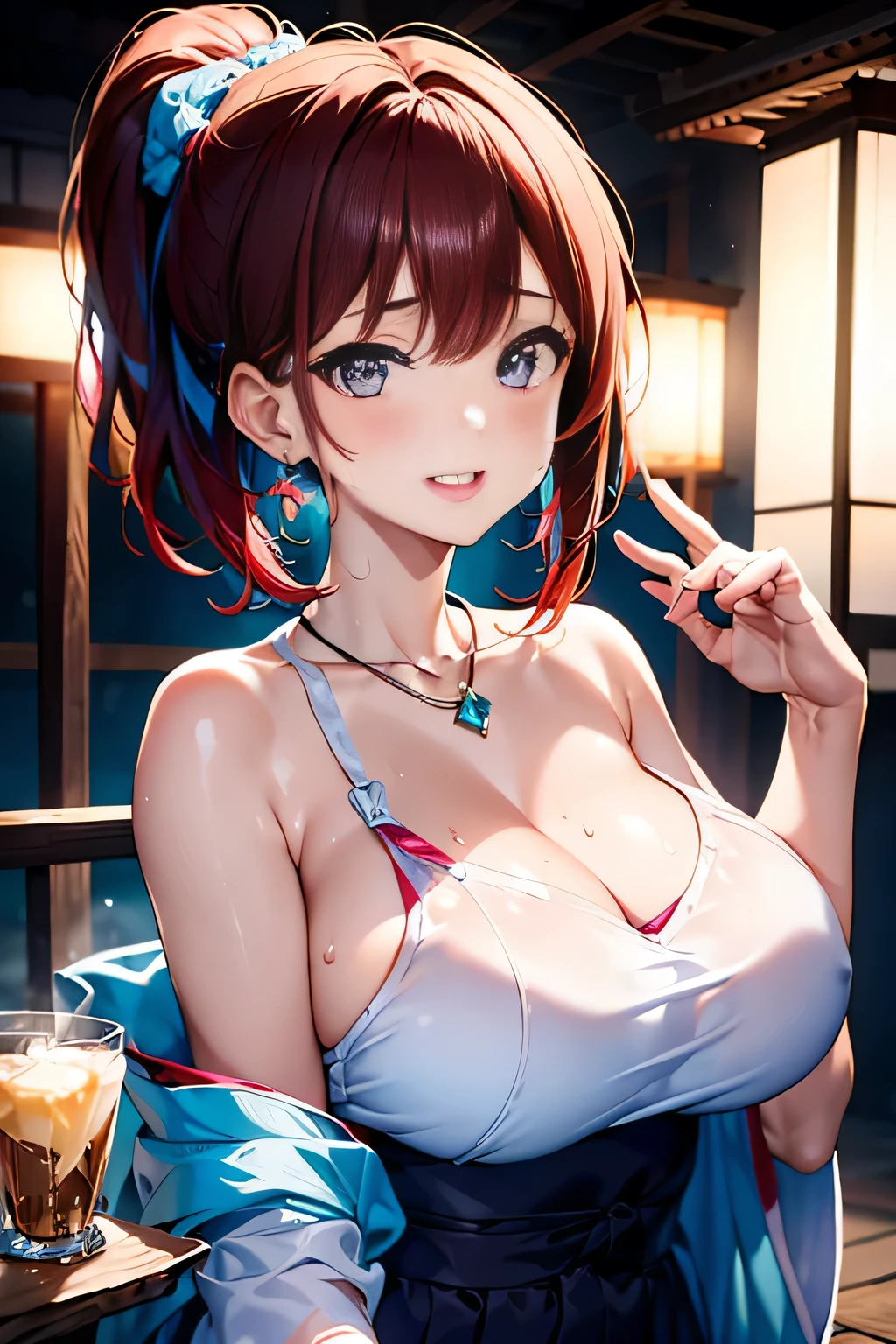 (Japanese hot spring resorts,Immerse yourself in the open-air bath up to your shoulders,)Blushing、Laugh shyly、(Beautiful girls)、(Short reddish brown hair、hairpin、ponytail、Floating Hair、)huge 、blush with embarrassment、Dreamy eyes、A smile that captivates the viewer、Take a look at the photographer、Sweaty skin、Staring at the audience、Upper body naked、,48歳 Upper body naked、necklace、Earrings、Pointed red mouth,Perfect round face,,Proper body balance,Intricate details,Very delicate and beautiful hair,Photo Real,dream-like,Professional Lighting,Realistic Shadows,Focus Only,Beautiful Hands,Beautiful fingers,Detailed finger features,Detailed clothing features,Detailed hair features,Detailed facial features,(Tabletop,Highest quality,Ultra-high resolution output images,) ,(8K quality,),(Picture Mode Ultra HD)